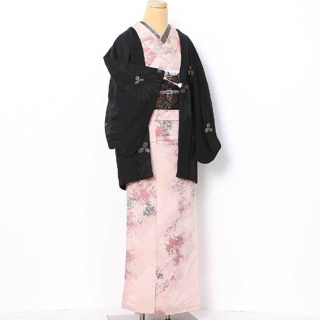 アンティーク 黒羽織 袷 身丈76cm 裄丈62cm 正絹 Aランク 一つ紋 (蔦) Sサイズ 紐あり 柏 黒系 RP 1233-12738