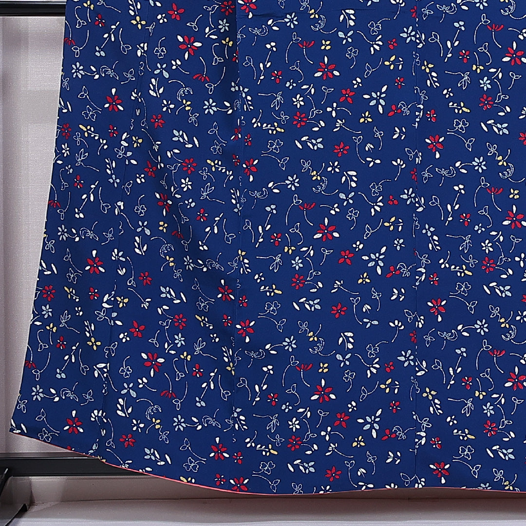 小紋 袷 身丈158cm 裄丈63cm 正絹 Aランク インフォーマル 広衿 Mサイズ 花柄 紺系 HP 1221-11058