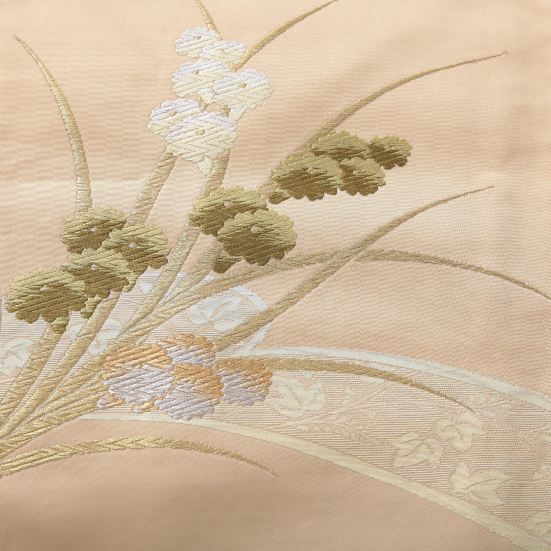 九寸名古屋帯 帯丈341cm セミフォーマル 名古屋仕立て ポイント柄 Aランク 正絹 花柄 ベージュ系 1224-03933