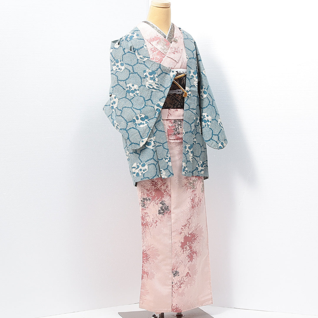 羽織 袷 身丈78cm 裄丈63cm 正絹 Sランク カジュアル Sサイズ 紐あり 菊 楓 鹿の子柄 青系 RP 1232-14649