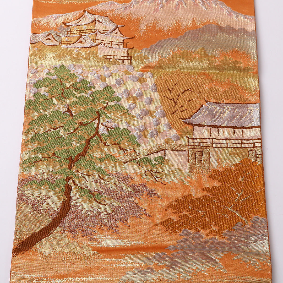 袋帯 帯丈436cm 正絹 六通 セミフォーマル 城 楼閣 松 金系 朱系 1243-01564