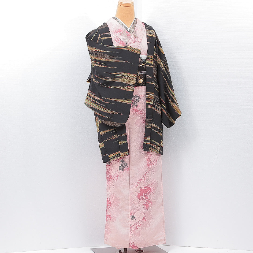 アンティーク 羽織 (お召) 袷 身丈78cm 裄丈62cm 正絹 Aランク Sサイズ 紐あり アラベスク文様 黄系 RP 1232-15119