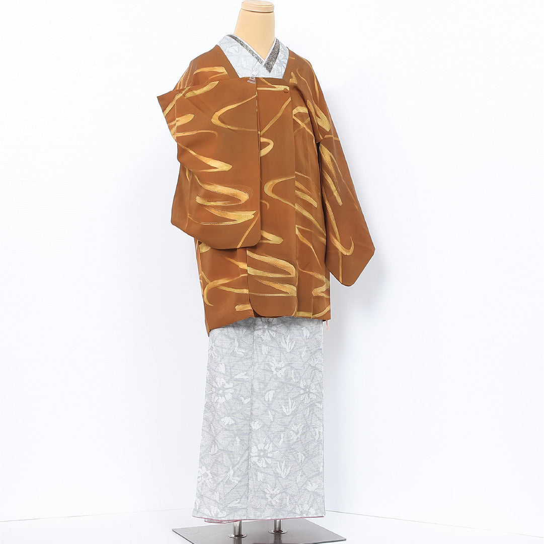 道行コート 身丈83cm 裄丈64cm Cランク M 正絹 袷 創作 ポケット有 カジュアル 茶系 1263-12073