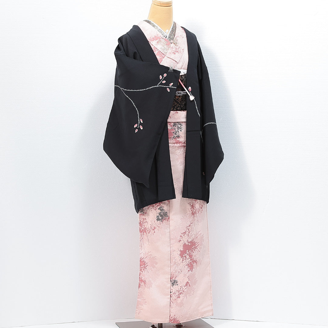 黒羽織 袷 身丈82cm 裄丈62cm 正絹 Sランク Sサイズ インフォーマル 紐あり 絵羽羽織 蕾 黒系 1217-14765