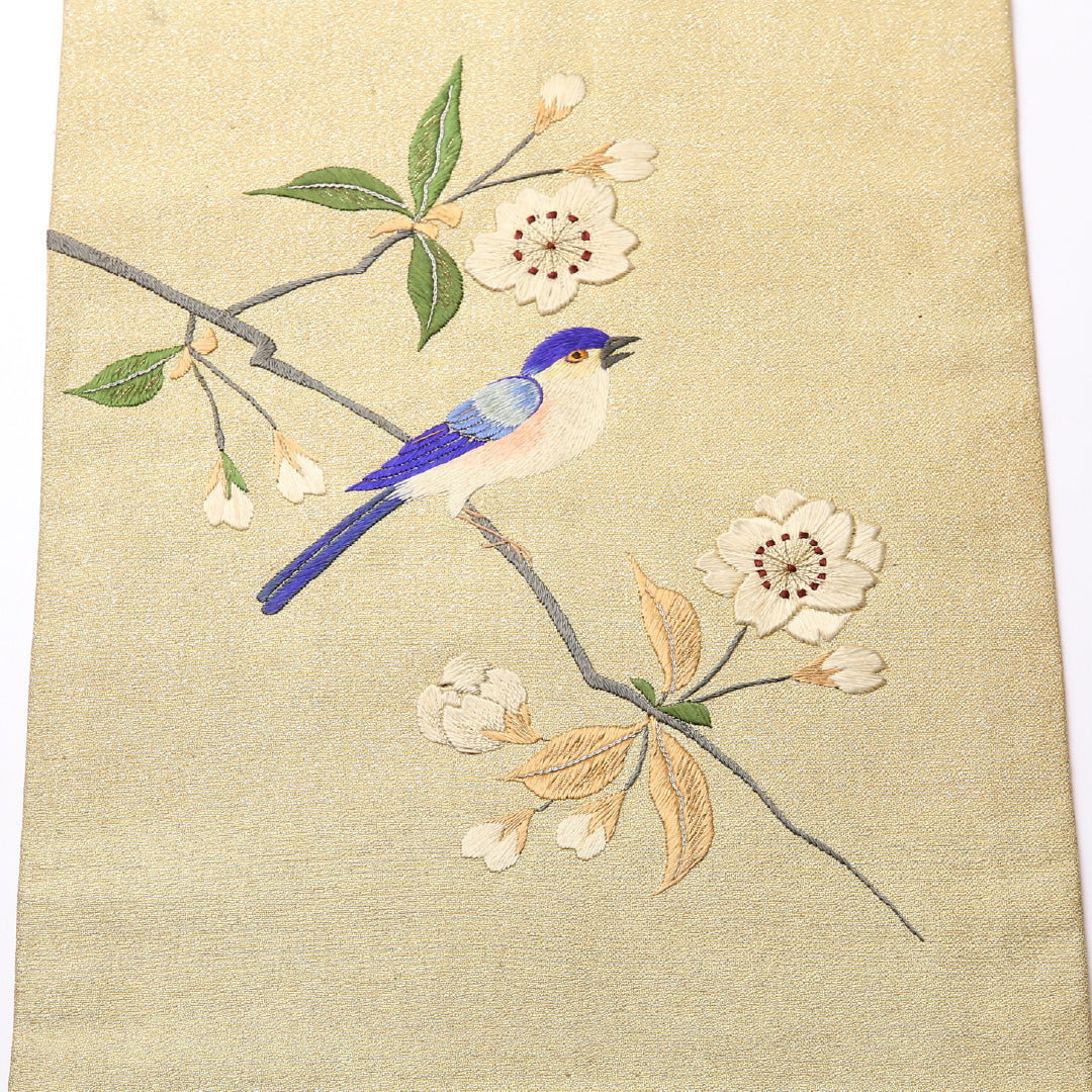 アンティーク 名古屋帯 ポイント柄 帯丈333cm Cランク 正絹 ルリ 桜 黄系 1224-02503