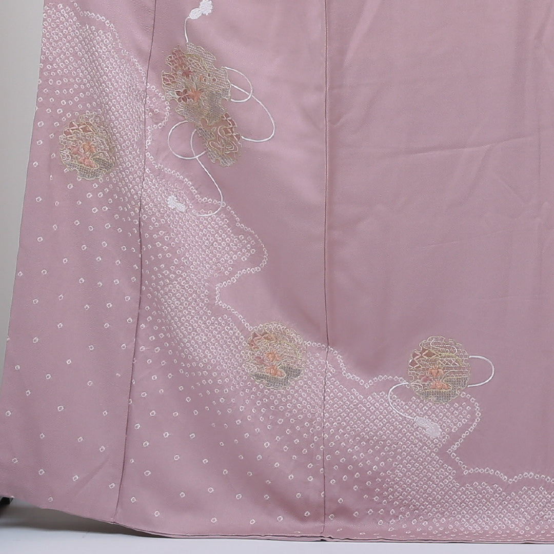 訪問着 袷 身丈165cm 裄丈64cm 正絹 Aランク セミフォーマル 広衿 XLサイズ 絞り 汕頭刺繍 雪輪 牡丹 ピンク系 PO 1217-04316