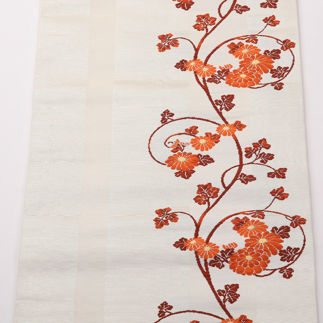 九寸名古屋帯 Aランク 帯丈348cm 正絹 六通 名古屋仕立て 織り インフォーマル 菊 クリーム系 RP 1245-02382