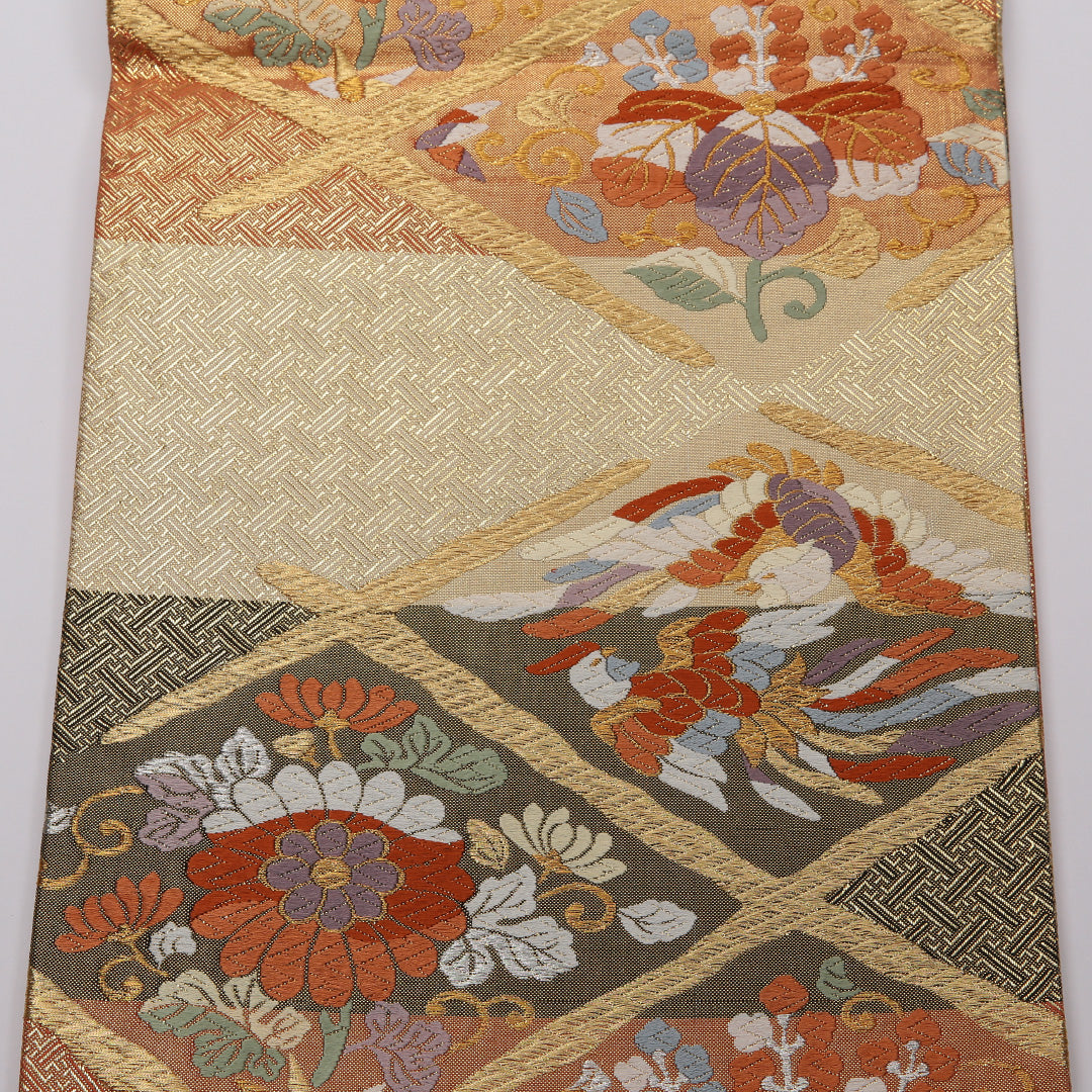 袋帯 帯丈436cm 正絹 六通 フォーマル 格天井 吉祥文様 クリーム系 1243-01398