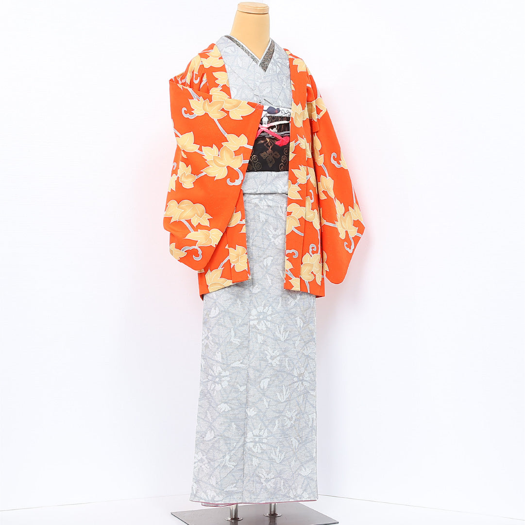 羽織 袷 身丈78cm 裄丈62cm 正絹 Sランク カジュアル Sサイズ 紐あり 唐草 アイビー 朱系 RP 1232-12109
