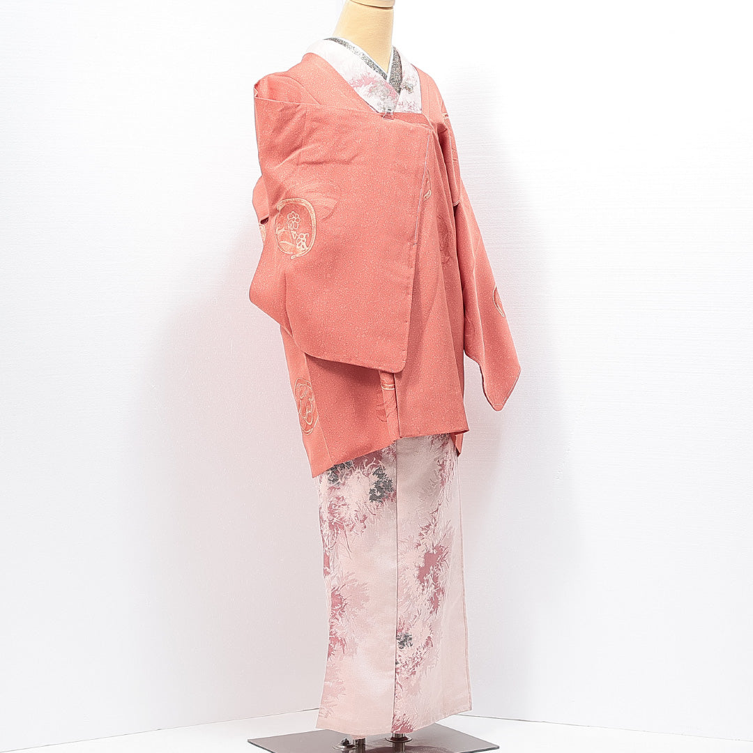 道行コート 袷 身丈83cm 裄丈65cm 正絹 Sランク カジュアル Mサイズ ポケットあり しつけ糸 創作柄 ピンク系 RP 1237-14742
