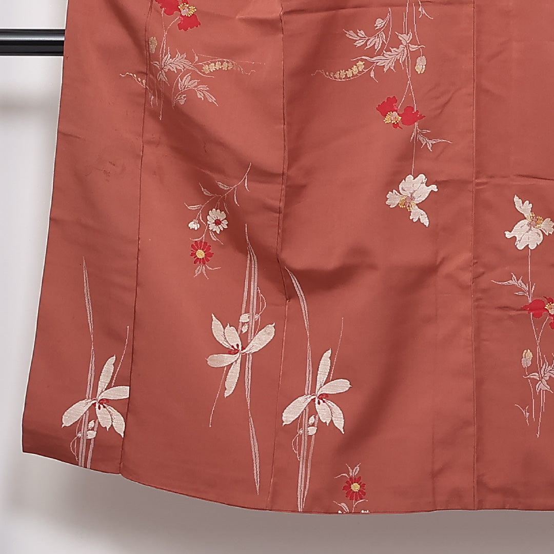 アンティーク 袷 身丈145cm 裄63cm 正絹 お召 草花 茶系 Cランク 1216-01356