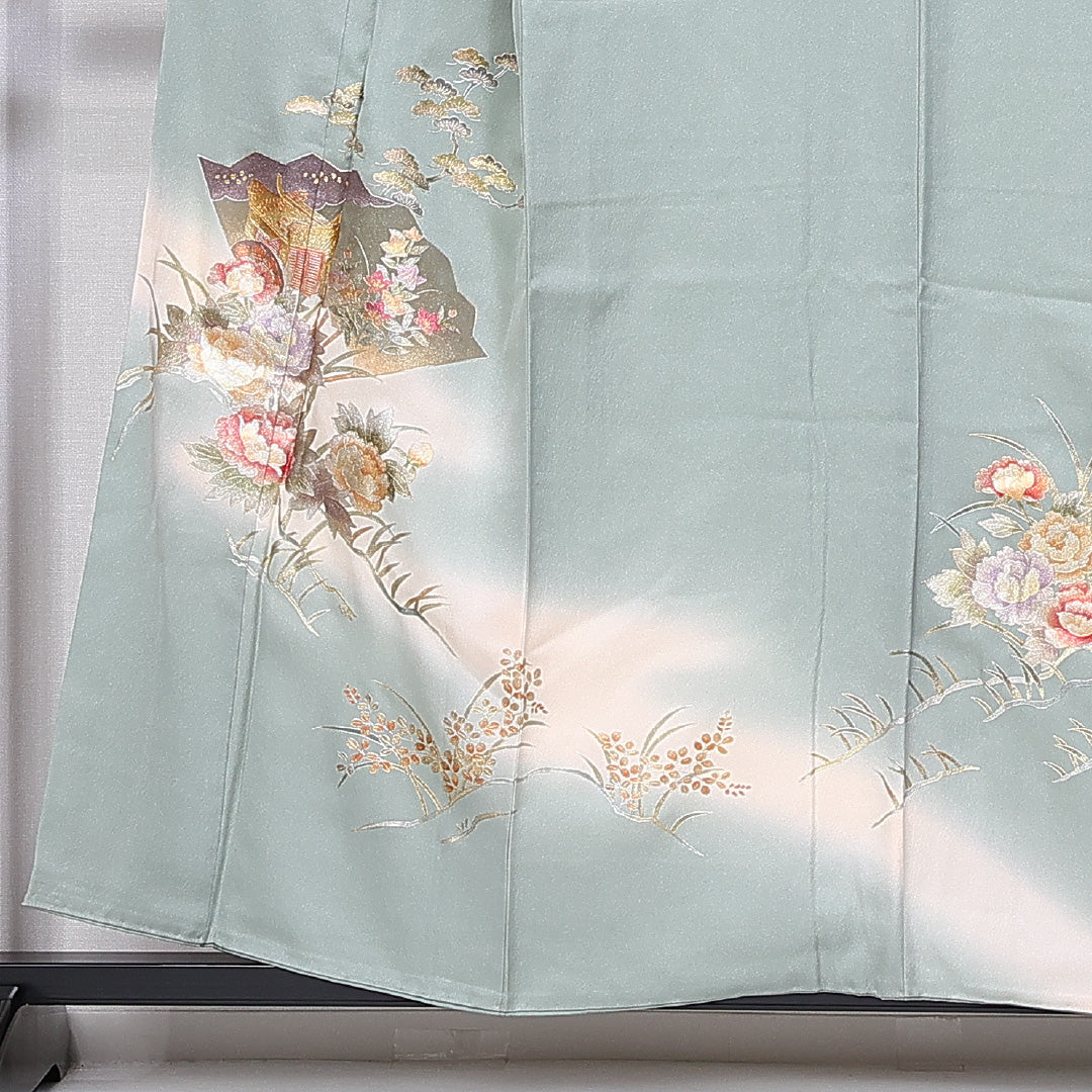 訪問着 身丈155cm 裄丈62cm 正絹 Sランク 袷 広衿 笠松 扇子 牡丹 御所車 1212-10224