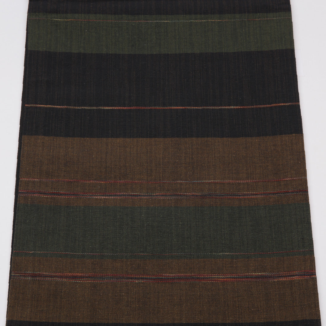 未使用品 袋帯 帯丈432cm 全通 縞 紬 リバーシブル カジュアル 紺系 正絹 Sランク 1223-01113