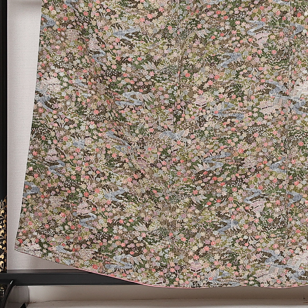 小紋 袷 身丈152cm 裄丈62cm 正絹 Aランク インフォーマル 広衿 Sサイズ 茶屋辻 緑系 RP 1221-13662