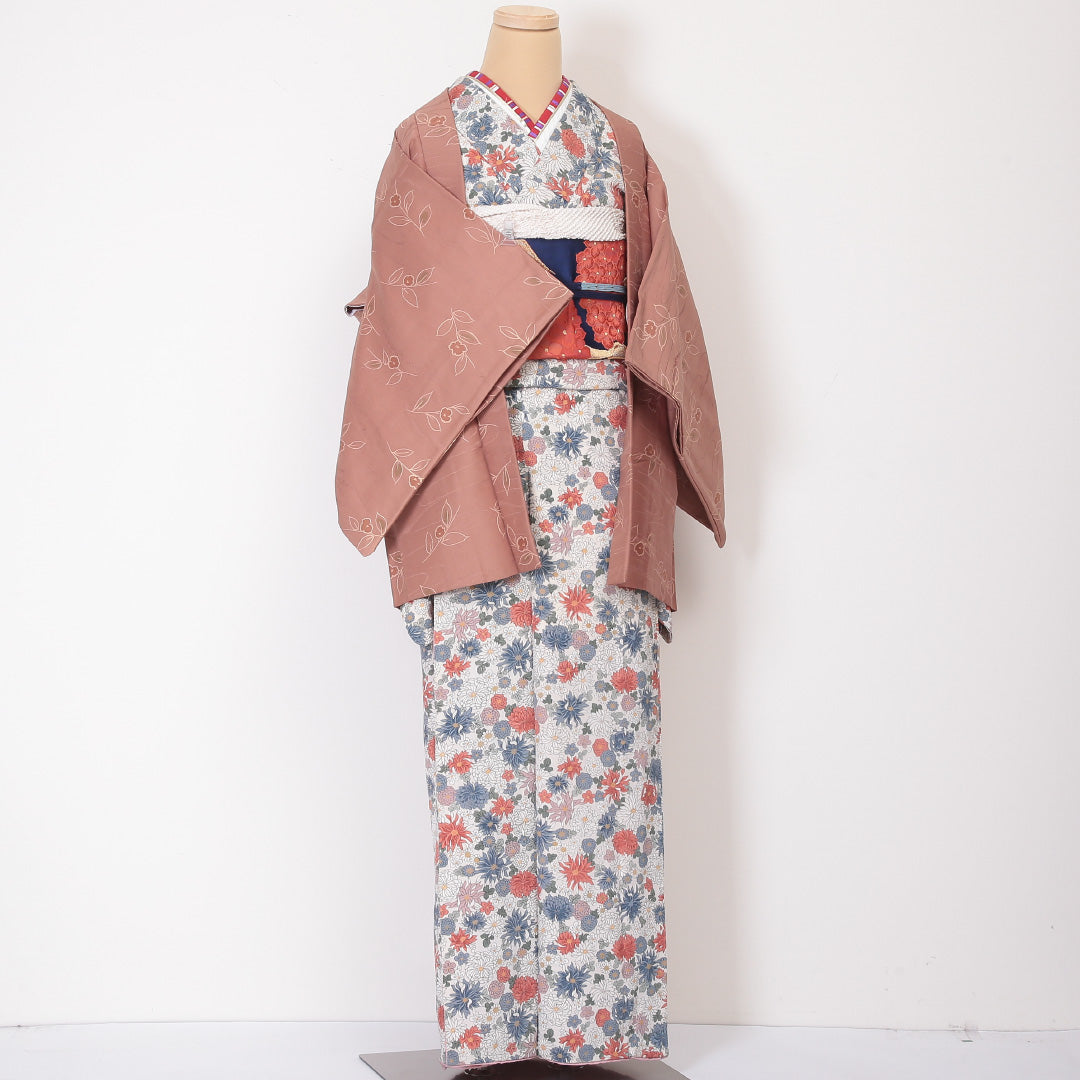 洗える着物 羽織 袷 身丈76cm 裄丈60cm ポリエステル Sランク カジュアル Sサイズ 紐あり 花柄 ベージュ系 RP 1232-05787