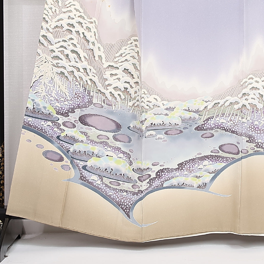 色留袖 三つ紋 丸に木瓜 加賀友禅作家 村田雪司 身丈158cm 裄丈66cm Bランク 正絹 広衿 M 落款 雪の兼六園 セミフォーマル 独創的 格調高い 紫系 1211-F0534