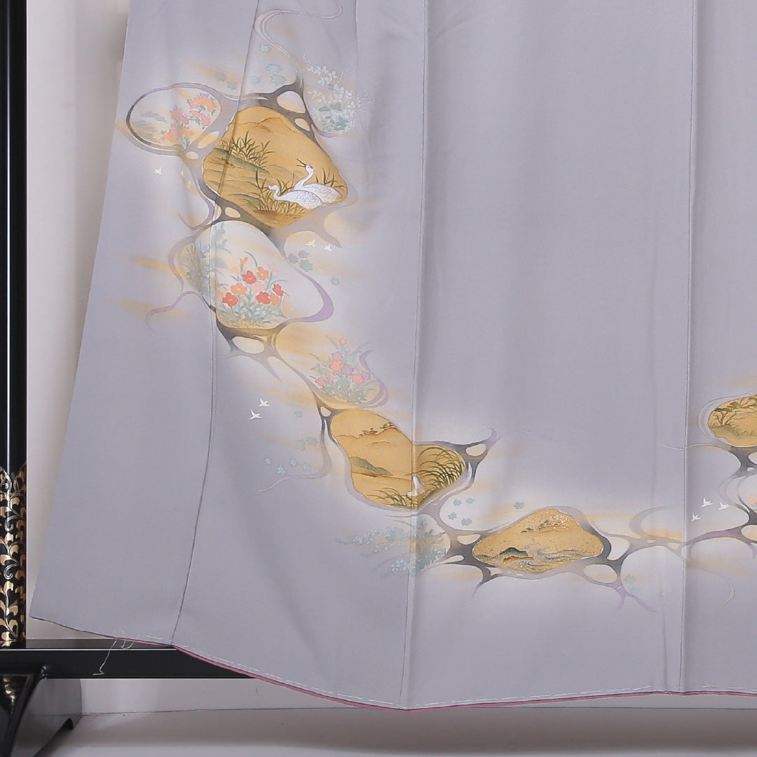 訪問着 袷 身丈158cm 裄丈62cm 正絹 Aランク セミフォーマル 広衿 Mサイズ ぼかし染 鶴 花柄 グレー系 RP 1217-04585