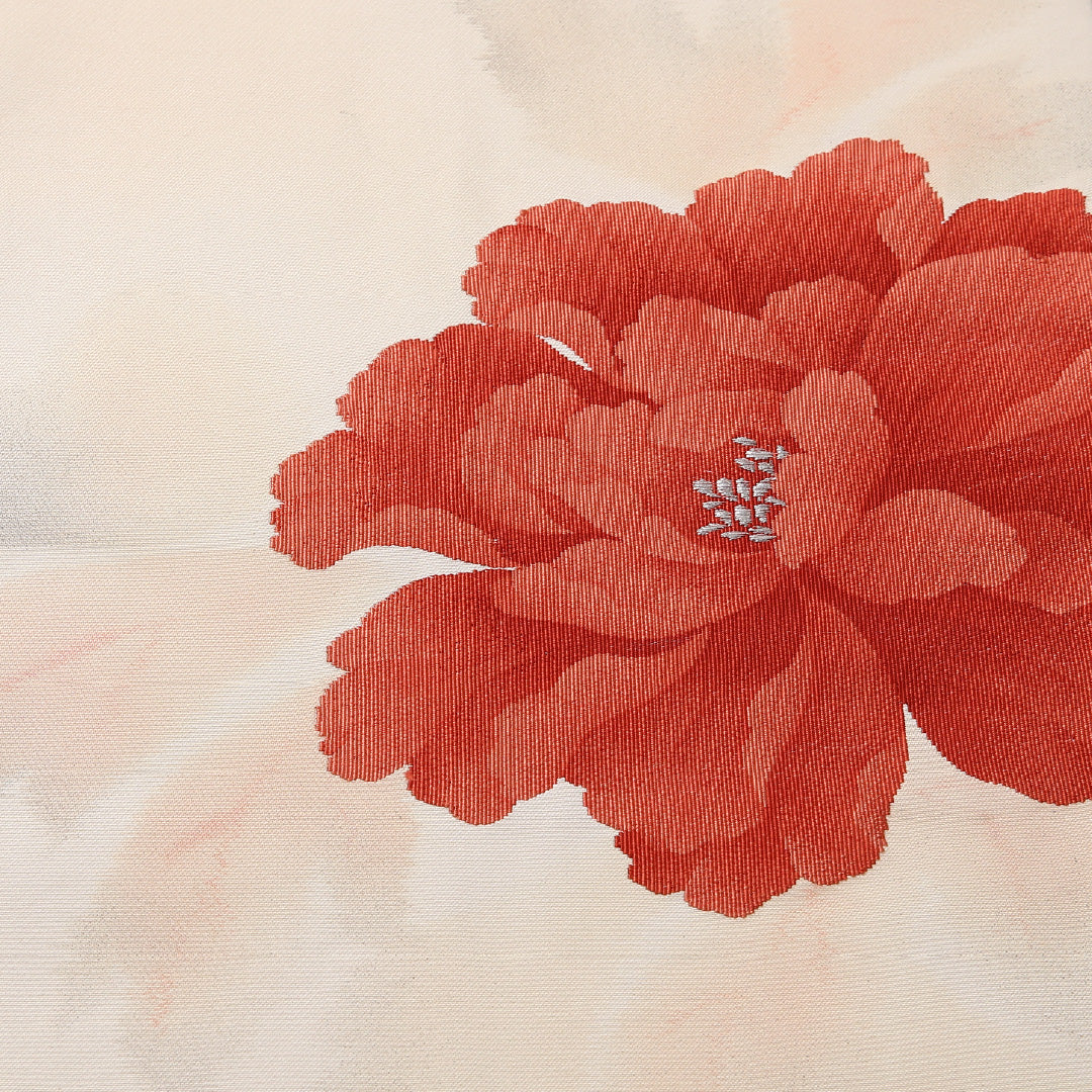 九寸 名古屋帯 帯丈354cm 名古屋仕立て ポイント柄 Aランク カジュアル 正絹 綴れ織 牡丹 上品 優しい ピンク系 1224-02940