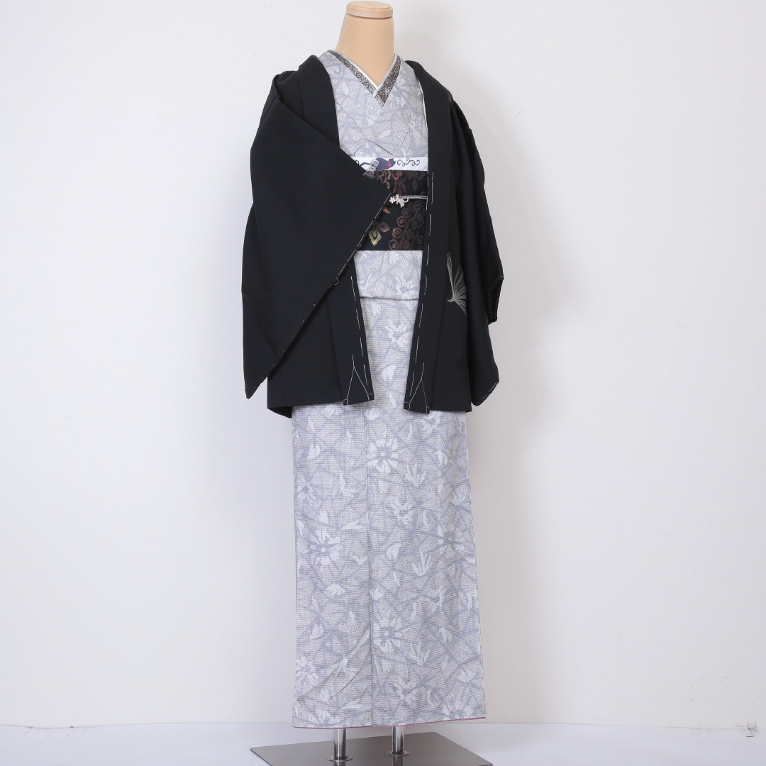 黒羽織 袷 身丈74cm 裄丈63cm 正絹 Aランク インフォーマル Sサイズ しつけ糸 松葉 黒系 RP 1233-05955