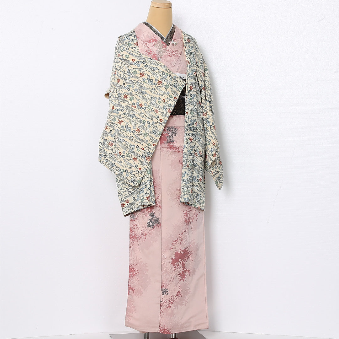羽織 袷 身丈83cm 裄丈63cm 正絹 Aランク カジュアル Sサイズ 紐あり 梅 紅葉 クリーム系 RP 1232-12793