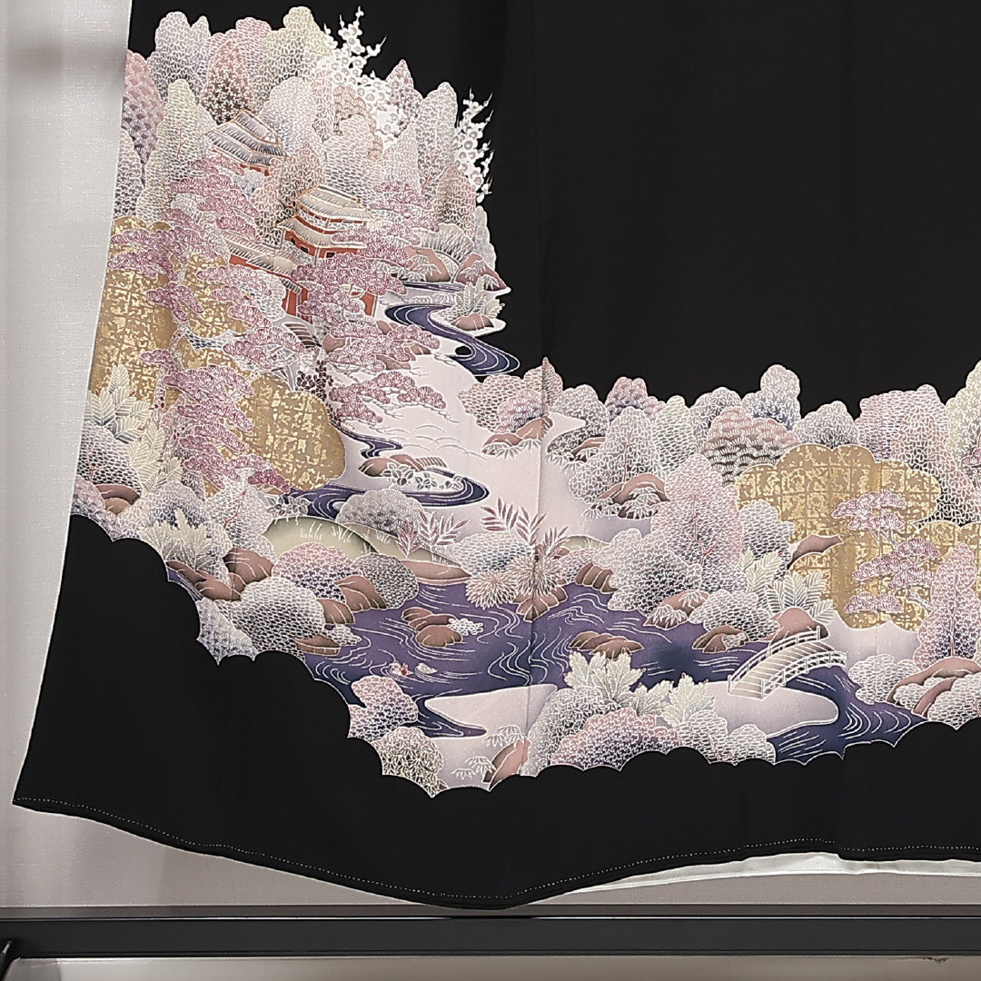 黒留袖 五つ紋 橘 身丈151cm 裄丈60.5cm Sランク 正絹 袷 比翼 広衿 S 金駒刺繍 金箔 茶屋辻 フォーマル 幻想的 重厚感 黒系 1211-F0560
