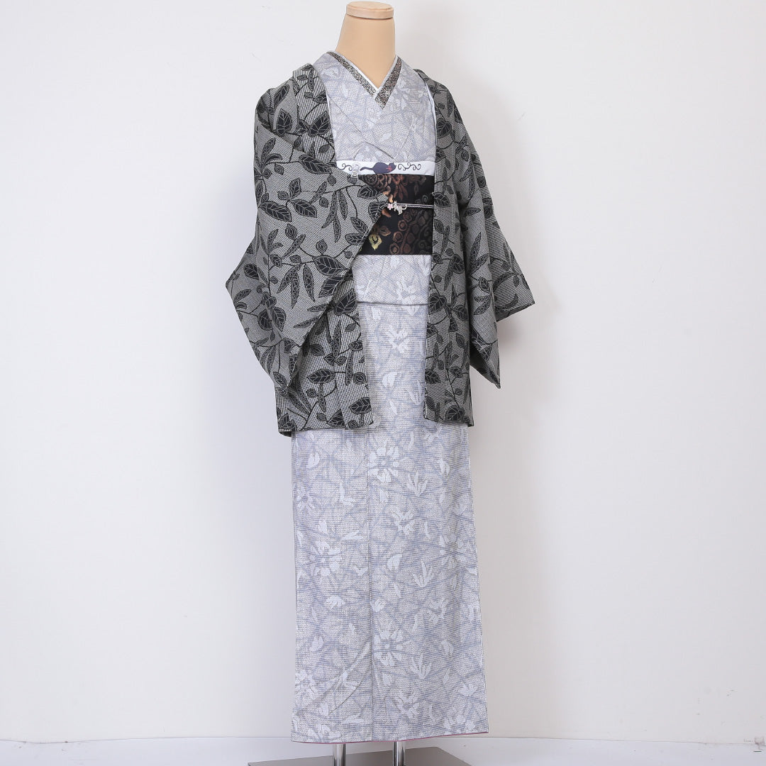 羽織 袷 身丈76cm 裄61.5cm 正絹 紬 Aランク 植物柄 グレー系 1217-00699