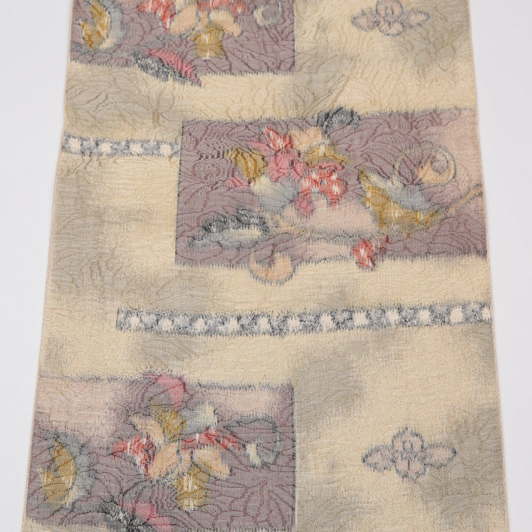 名古屋帯 帯丈348cm Sランク 名古屋仕立て 六通 ポリエステル 唐花 カジュアル ベージュ系 1224-01598