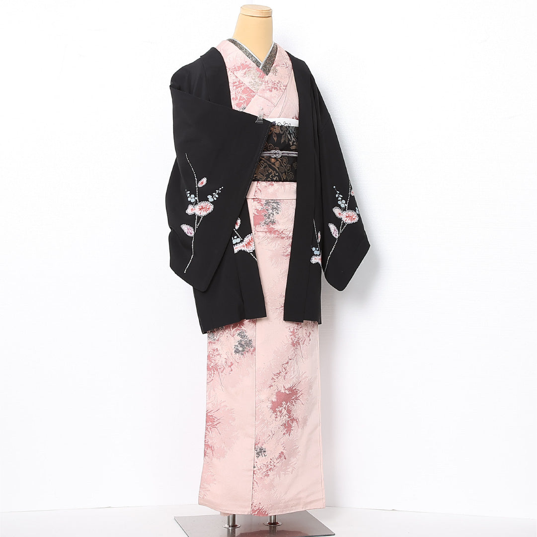 黒羽織 袷 身丈83cm 裄丈65cm 正絹 Bランク インフォーマル Mサイズ 花柄 黒系 RP 1233-12757