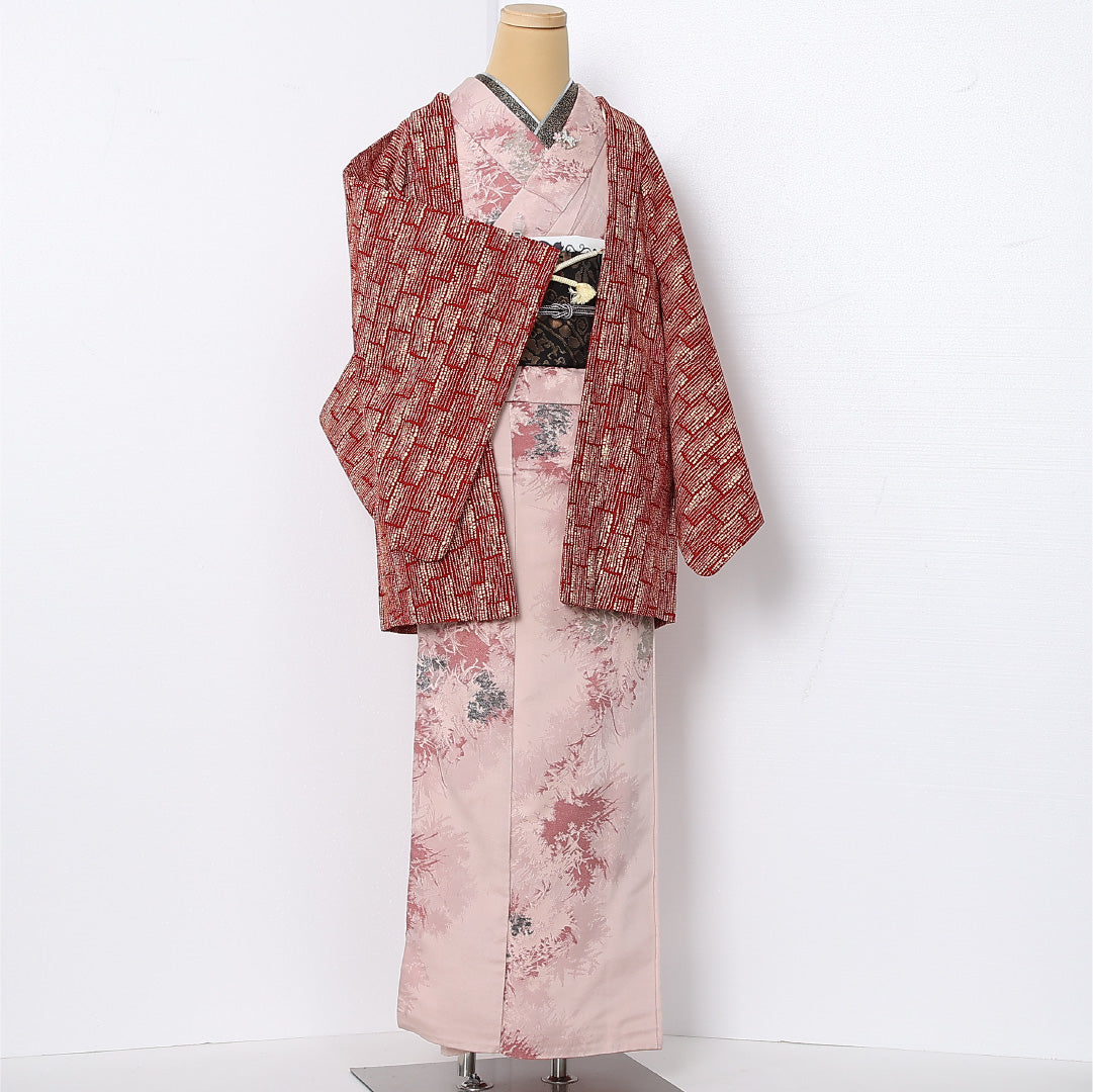 羽織 袷 身丈78cm 裄丈66cm 正絹 Sランク カジュアル Mサイズ 紐あり 創作柄 赤系 RP 1232-12948