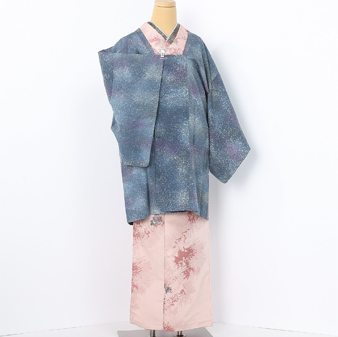 道行コート 袷 身丈90cm 裄丈64cm 正絹 Sランク セミフォーマル Mサイズ たたき染め ぼかし染 ポケットあり 霰 青系 RP 1237-12580
