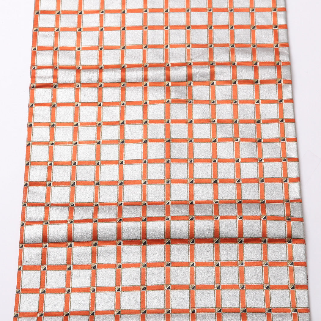 九寸名古屋帯 Aランク 帯丈332cm 正絹 全通 名古屋仕立て 染め カジュアル 格子 銀系 RP 1245-02797