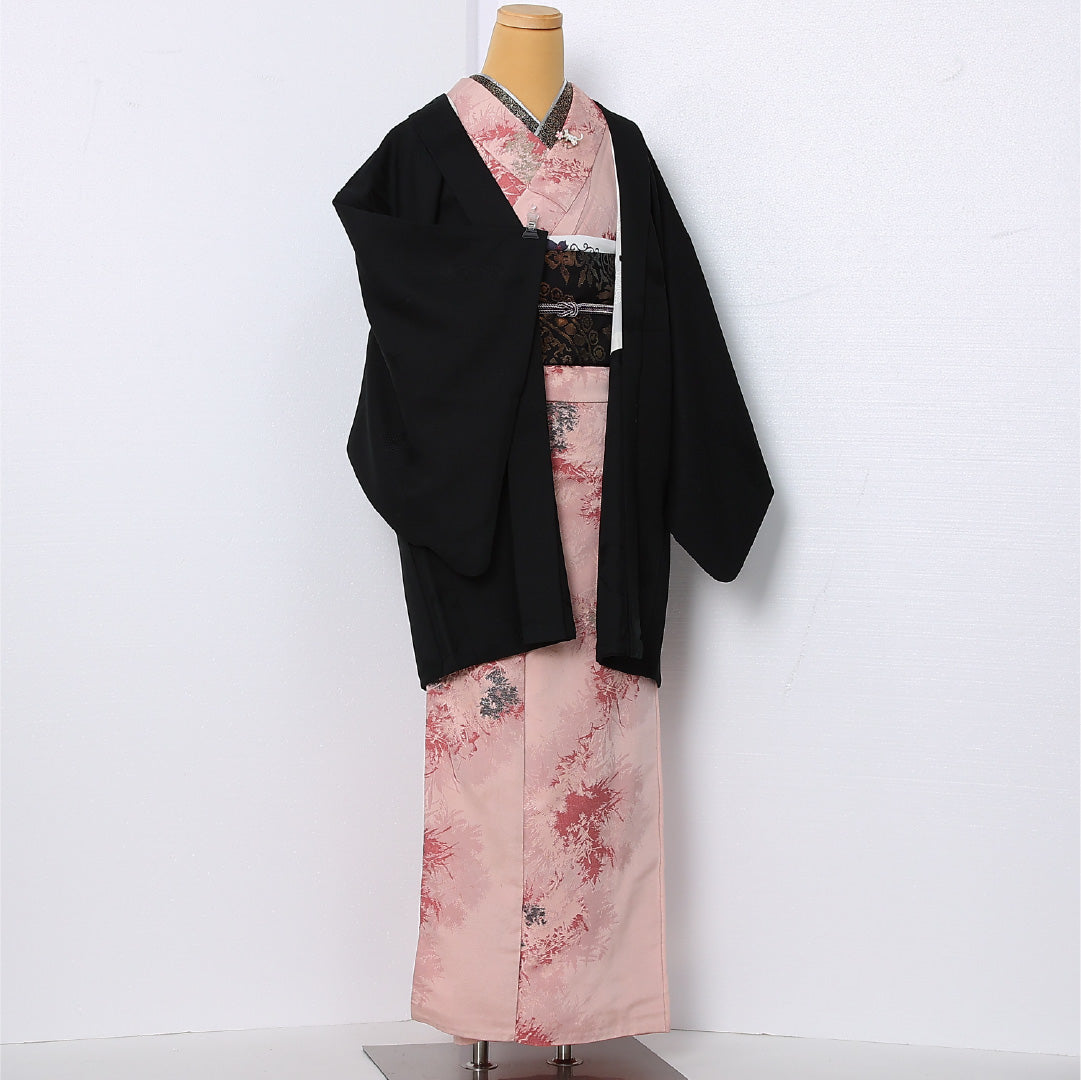 黒羽織 袷 身丈84cm 裄丈64cm 正絹 Cランク 一つ紋 (五三桐) セミフォーマル Mサイズ 創作柄 黒系 LP 1233-12938