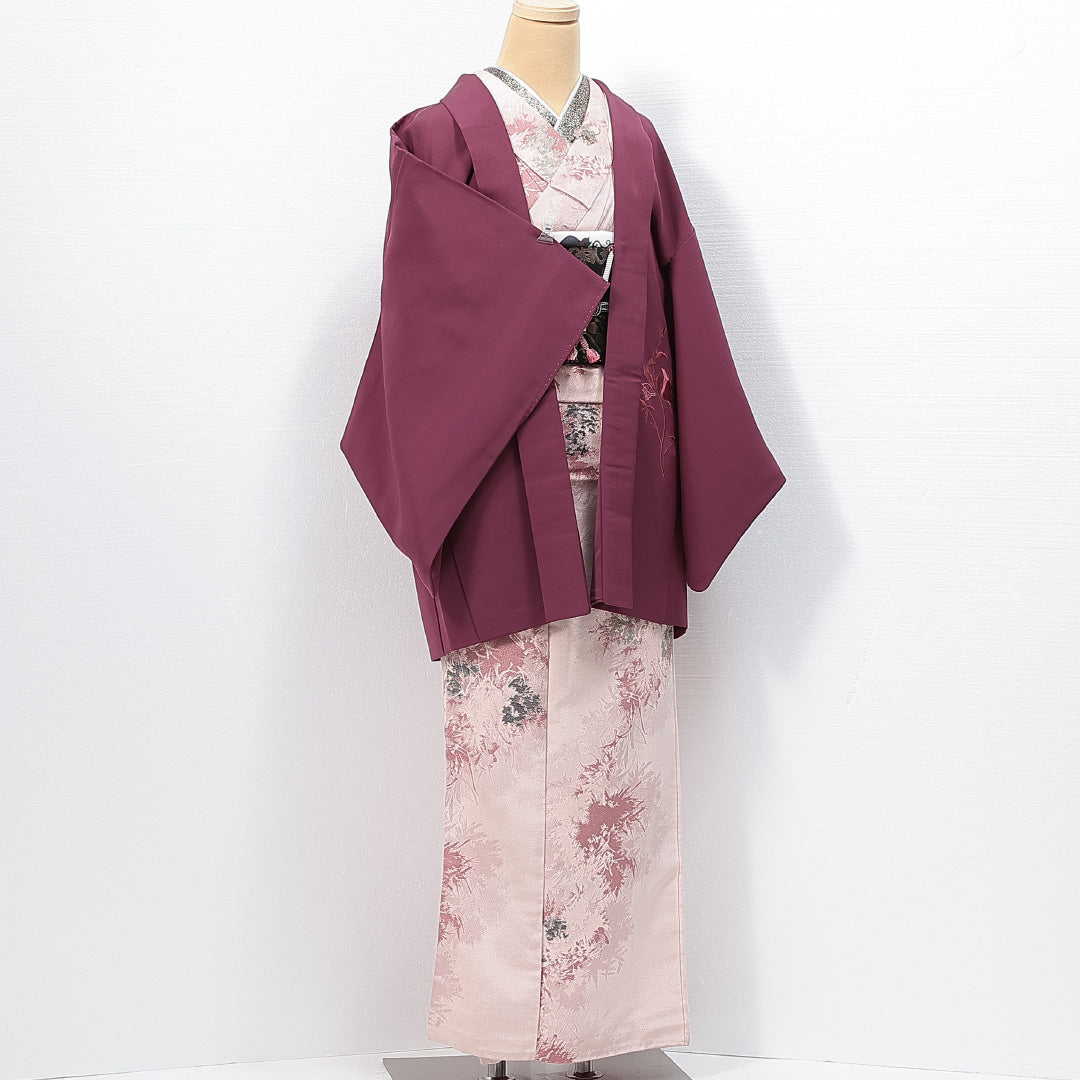 絵羽羽織 袷 身丈82cm 裄丈64cm 正絹 Aランク インフォーマル Mサイズ 刺繍 紐あり ハイビスカス 紫系 RP 1234-14707