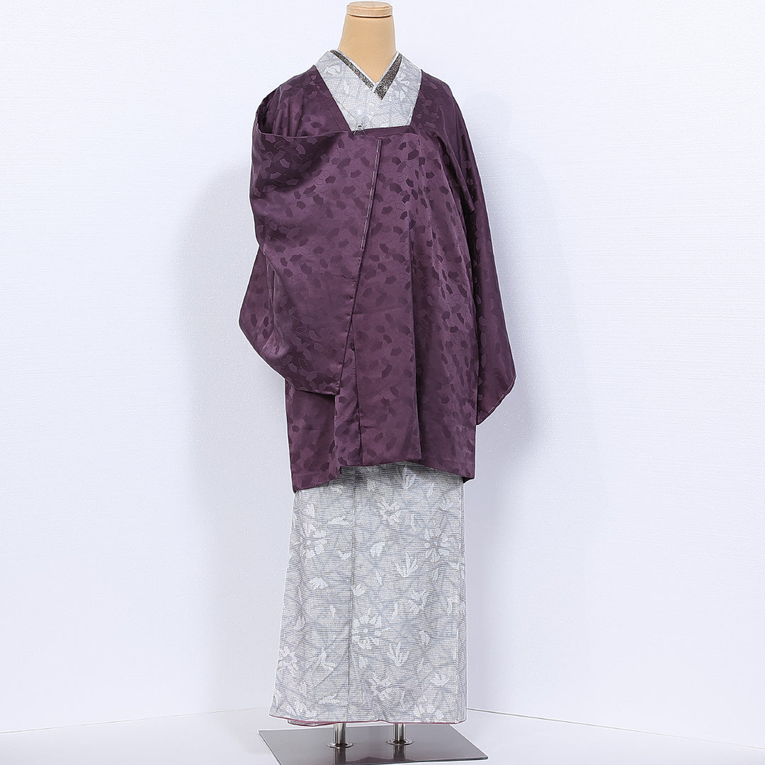 道行コート 袷 身丈87cm 裄丈53cm 正絹 Sランク カジュアル Sサイズ 織り出し ポケットあり しつけ糸 扇 紫系 M4 1237-10248