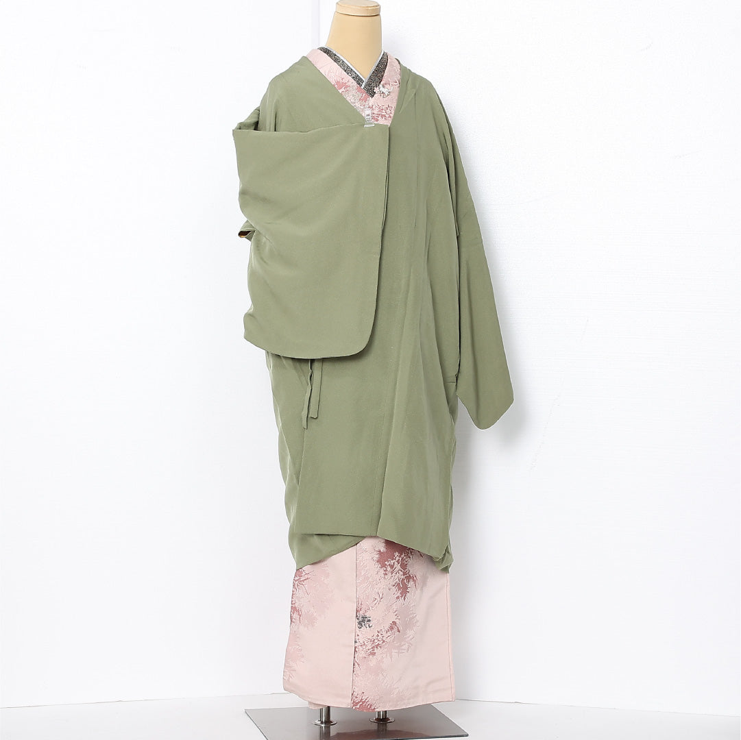 道中着 袷 身丈105cm 裄丈68cm 正絹 Sランク カジュアル Lサイズ 無地 緑系 RP 1236-12904