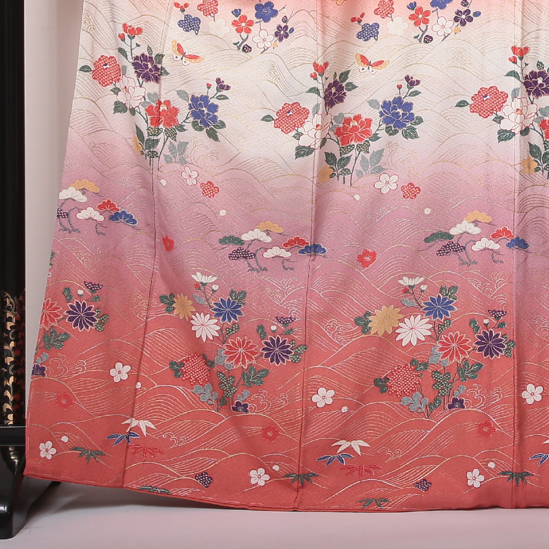 訪問着 袷 身丈165~169cm 裄67cm 正絹 花 蝶 紋意匠 紗綾形 ぼかし ピンク系 しつけ糸 Sランク 1212-00595