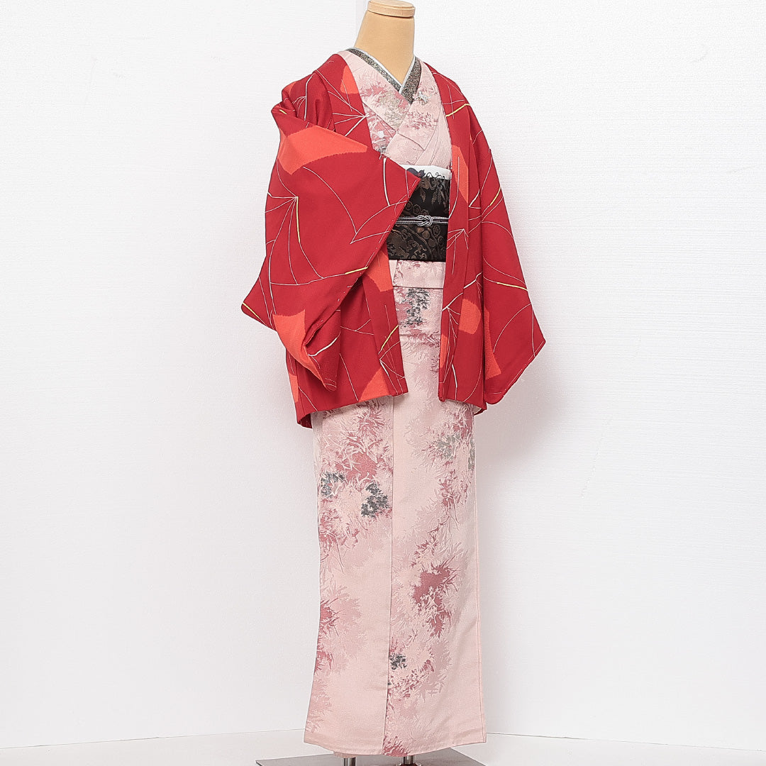 未使用品 羽織 袷 身丈74cm 裄丈63cm 正絹 Sランク カジュアル Sサイズ しつけ糸 創作柄 赤系 RP 1232-13873