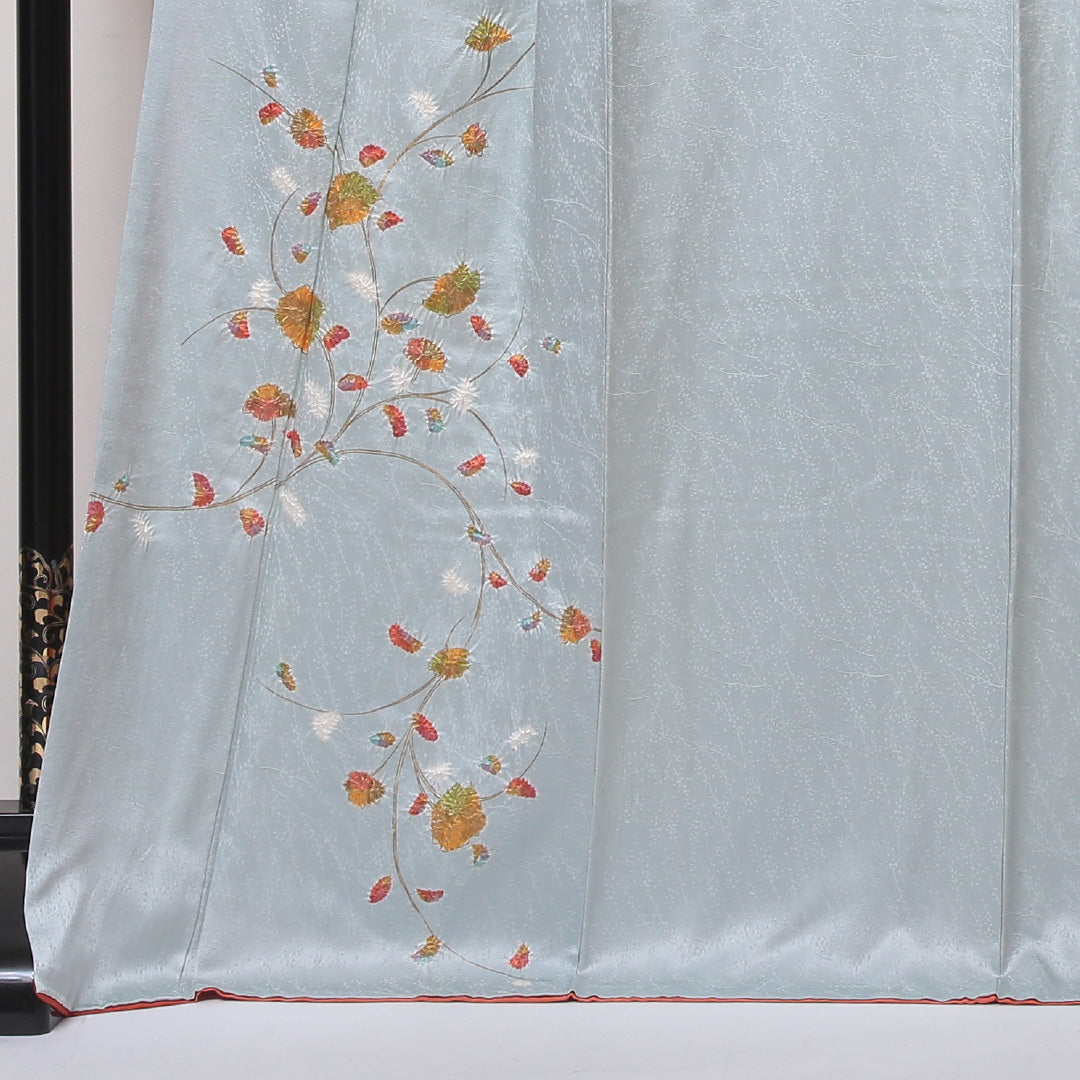 付下げ 袷 身丈170~174cm 裄66.5cm 正絹 部分絞り 草花 水色系 Cランク 1212-00605