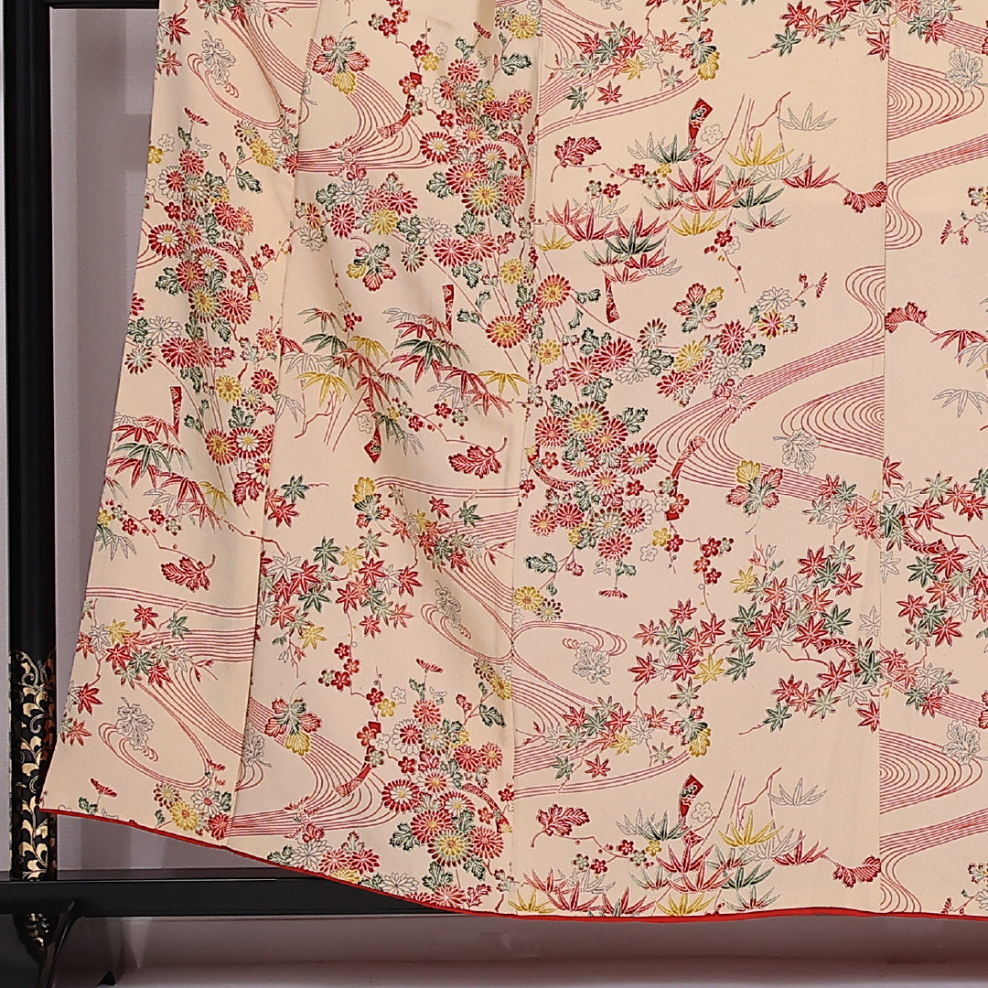 小紋 袷 身丈155.5cm 裄63.5cm 正絹 流水 梅 紅葉 菊 笹 クリーム系 Bランク 1215-02471