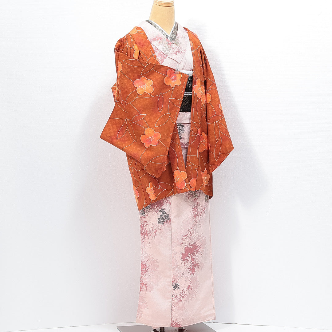 羽織 袷 身丈79cm 裄丈65cm 正絹 Sランク Mサイズ カジュアル 梅 ぼかし染 茶系 朱系 1217-14763
