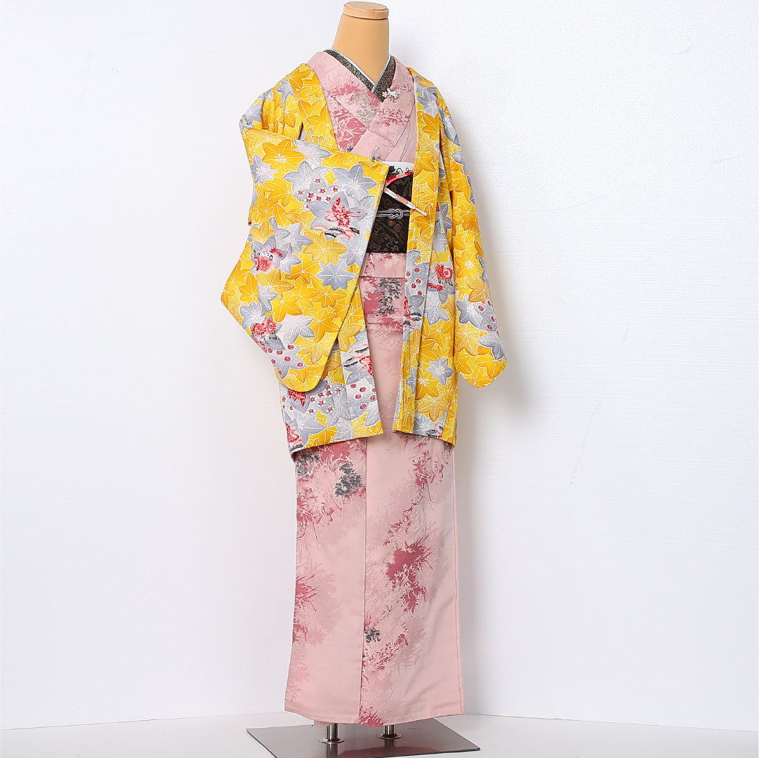 羽織 袷 身丈82cm 裄丈64cm 正絹 Aランク カジュアル Mサイズ 紐あり 鶴 楓 吉祥文様 黄系 HP 1232-12819