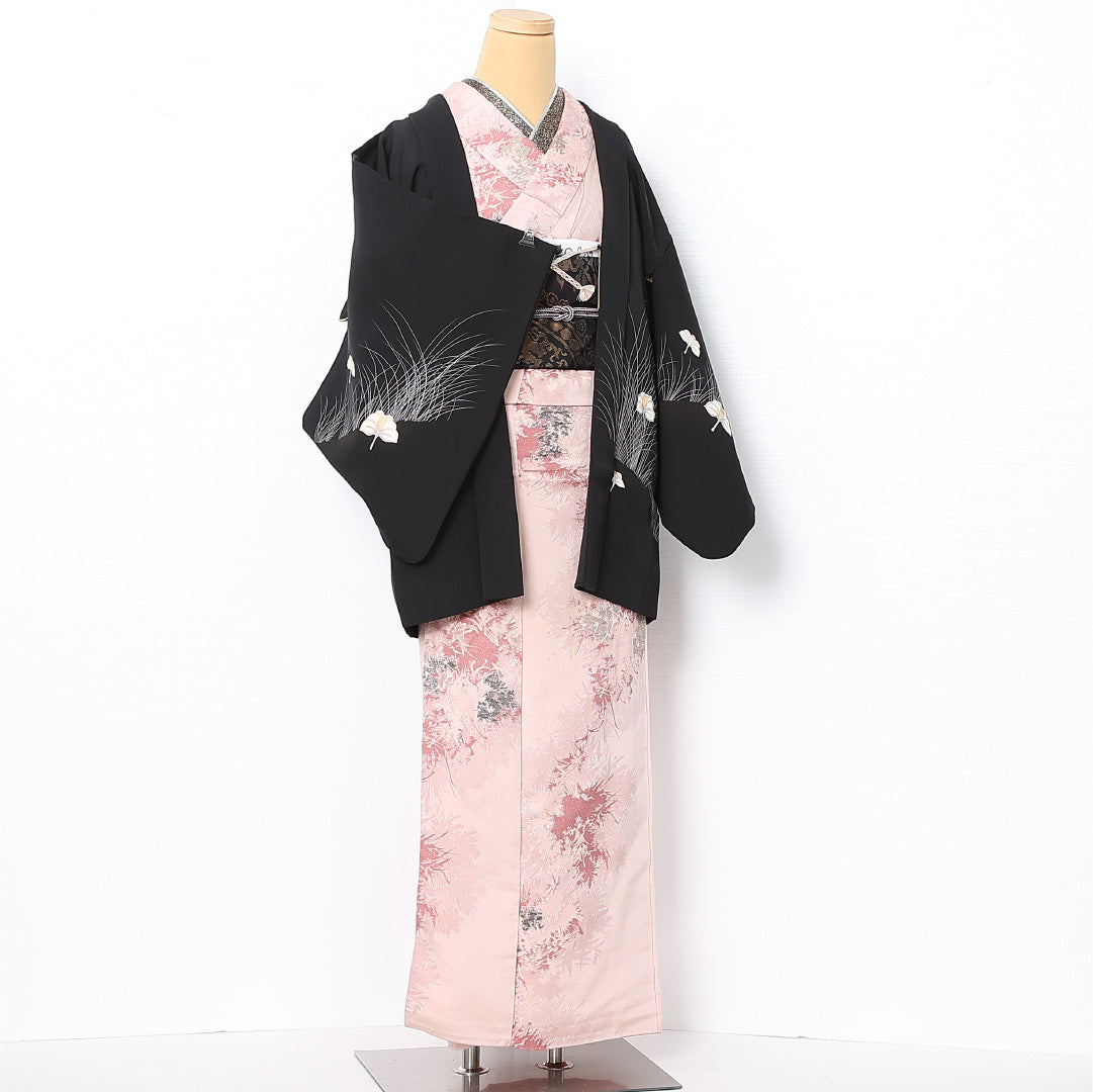 黒羽織 袷 身丈77cm 裄丈64cm 正絹 Aランク インフォーマル Mサイズ 紐あり 花柄 黒系 RP 1233-12758