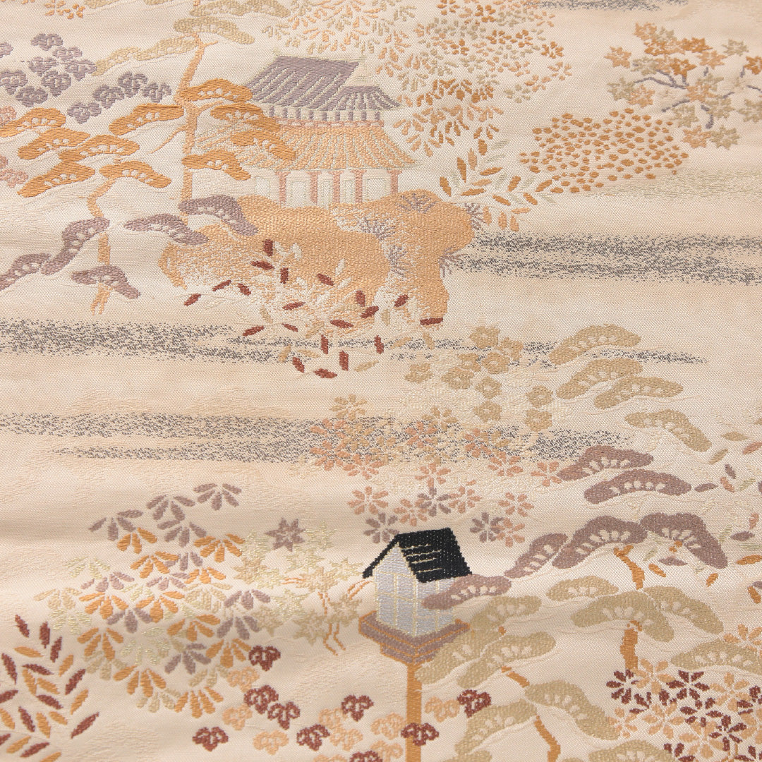 九寸名古屋帯 帯丈329cm セミフォーマル 名古屋仕立て 六通 未仕立て Cランク 正絹 茶屋辻 ベージュ系 1224-04144