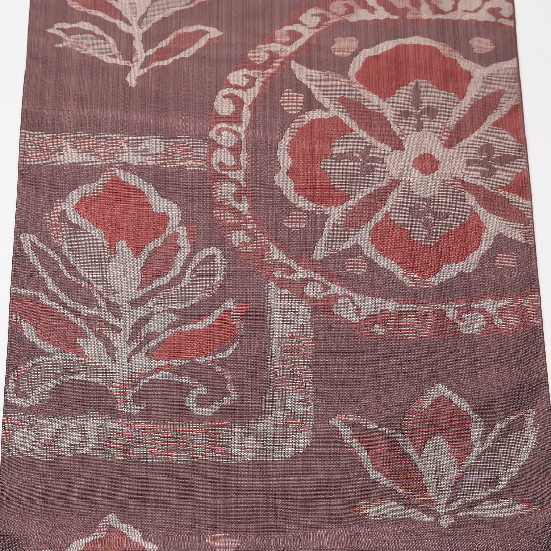 未使用品 袋帯 帯丈436cm 正絹 六通 古今帯 インフォーマル 花菱 茶系 1243-01234