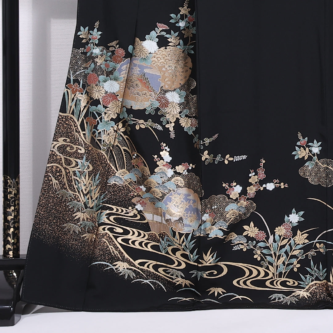 黒留袖 身丈168cm 裄丈66.5cm 袷 五つ紋 蔦 正絹 Bランク 広衿 雪輪 五重塔 吉祥文様 箔 比翼仕立て 1211-F0424