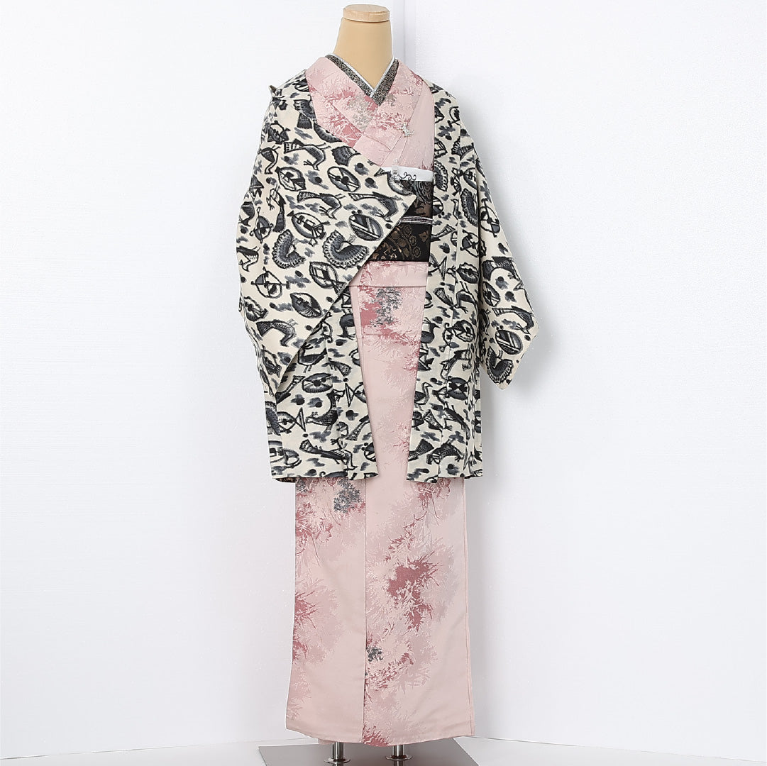 アンティーク 羽織 (銘仙) 袷 身丈86cm 裄丈62cm 正絹 Bランク Sサイズ 孔雀 白系 M4 1232-12552