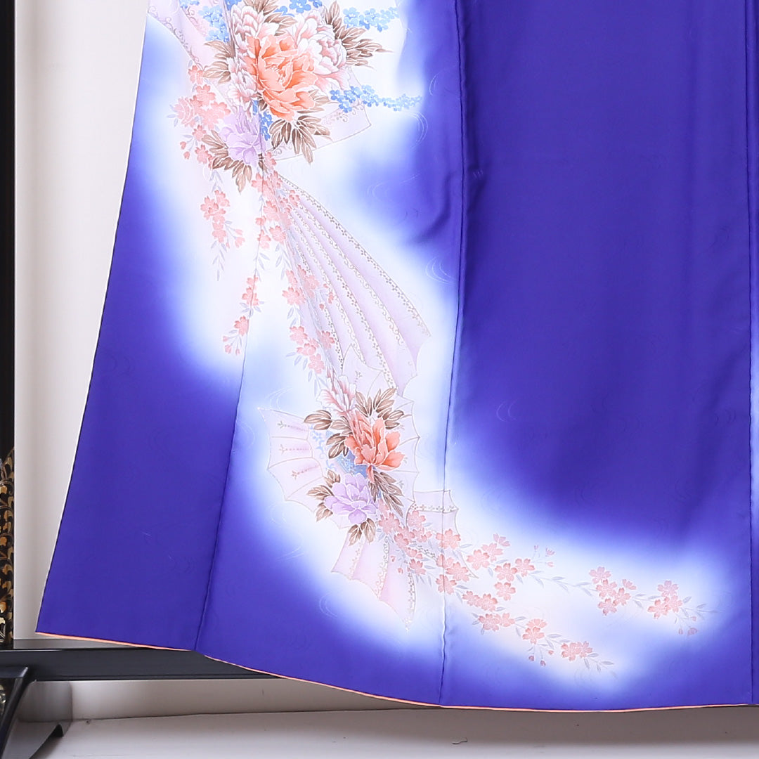 訪問着 袷 身丈159cm 裄丈66cm 正絹 Sランク セミフォーマル 広衿 Mサイズ 牡丹 青系 RP 1217-04477