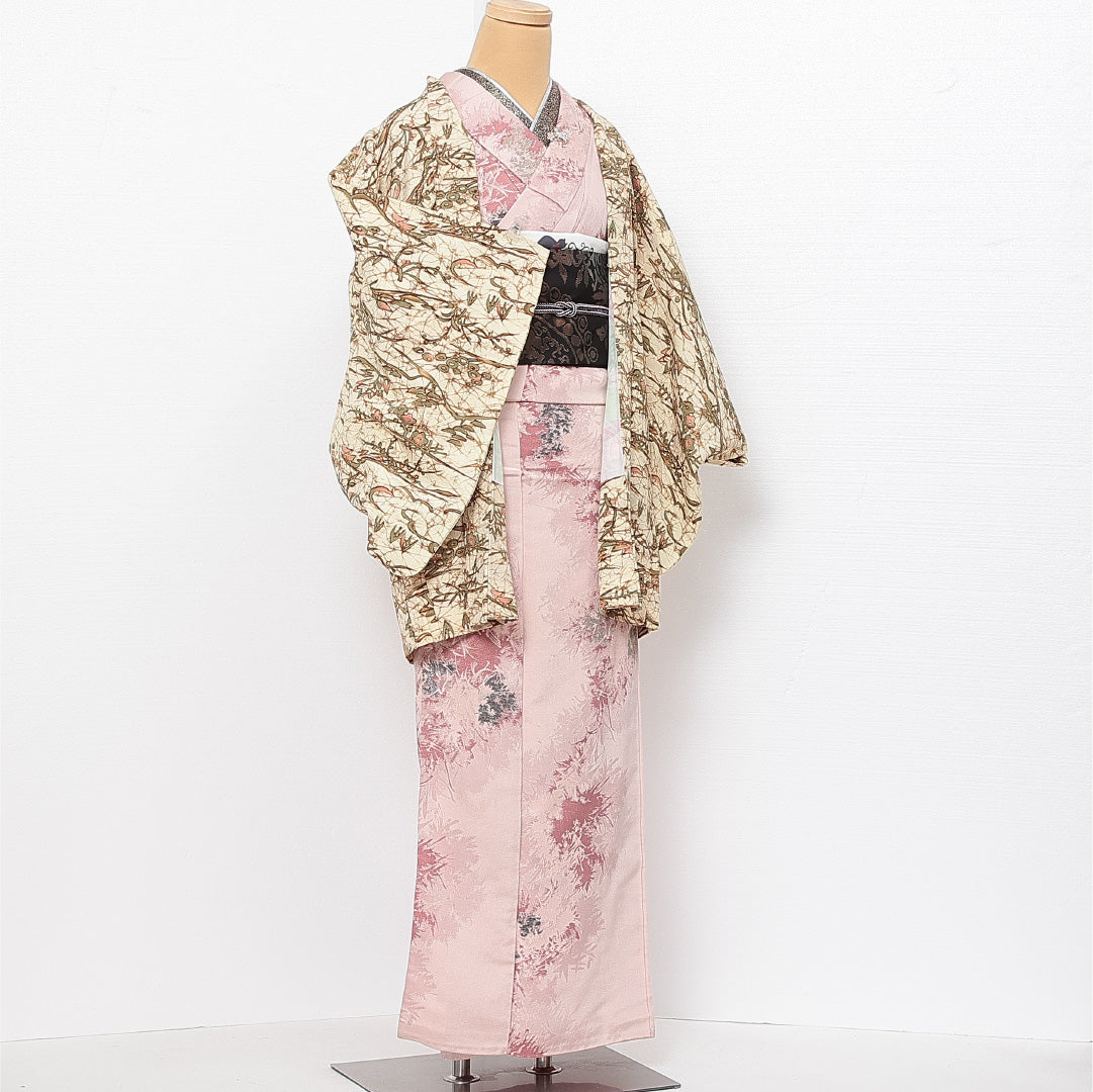 羽織 袷 身丈80cm 裄丈62cm 正絹 Sランク カジュアル Sサイズ 植物柄 クリーム系 RP 1232-13700