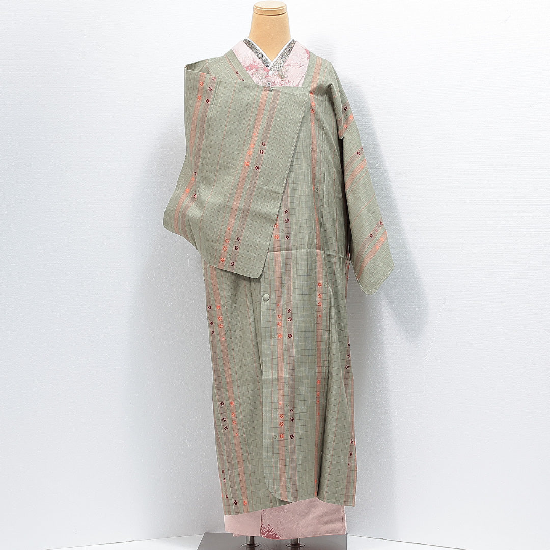 道行コート 袷 身丈132cm 裄丈66cm 正絹 Sランク Mサイズ インフォーマル ポケットあり 格子 桜 緑系 1263-14846