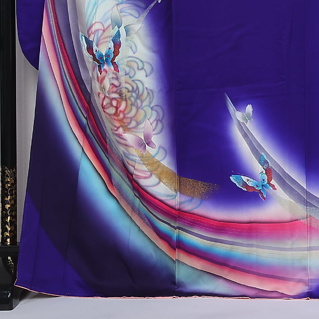 振袖 身丈167cm 裄丈68.5cm Sランク 袷 正絹 M 広衿 モダン ぼかし 蝶 吉祥文様 青系 1213-F0431